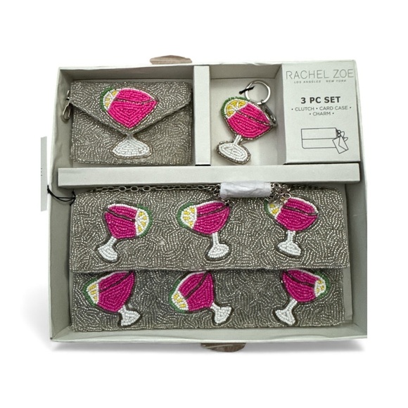 Rachel Zoe Silver Beaded Clutch Set with Pink Cocktail Design - Picture 1 of 1